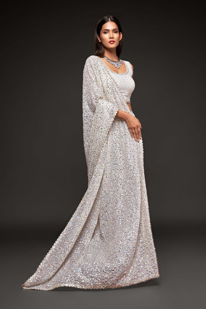 Beautiful Pearl White Sequined Georgette Party Wear Saree By WTW