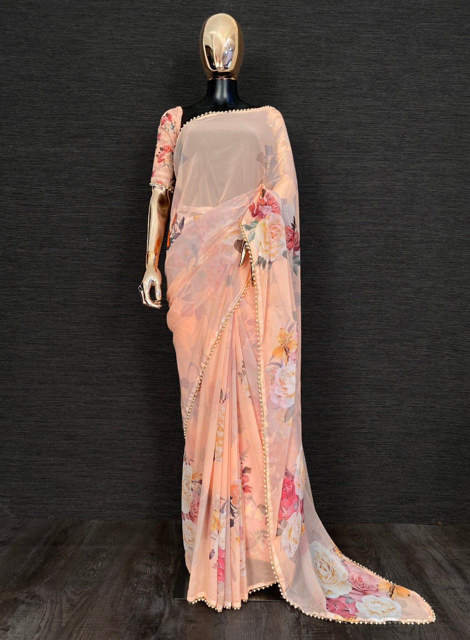 Peach Color Printed Pearl Lace Border Georgette Saree By WTW