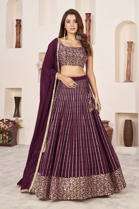 Wine Color Georgette Embroidered Semi Stitched Lehenga Choli By WTW
