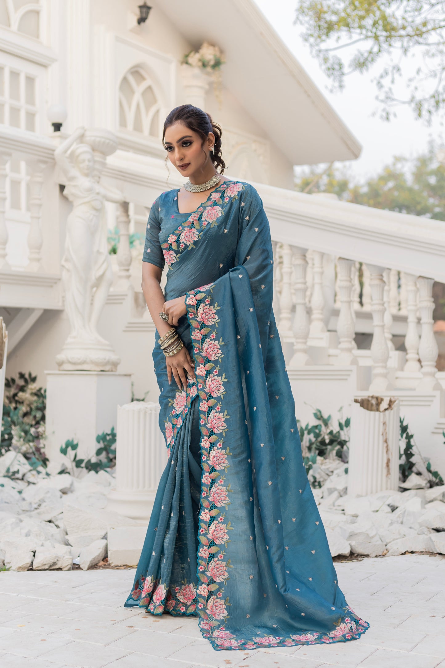 Crush Silk Aqua Blue Party Wear Embroidery Work Saree By WTW