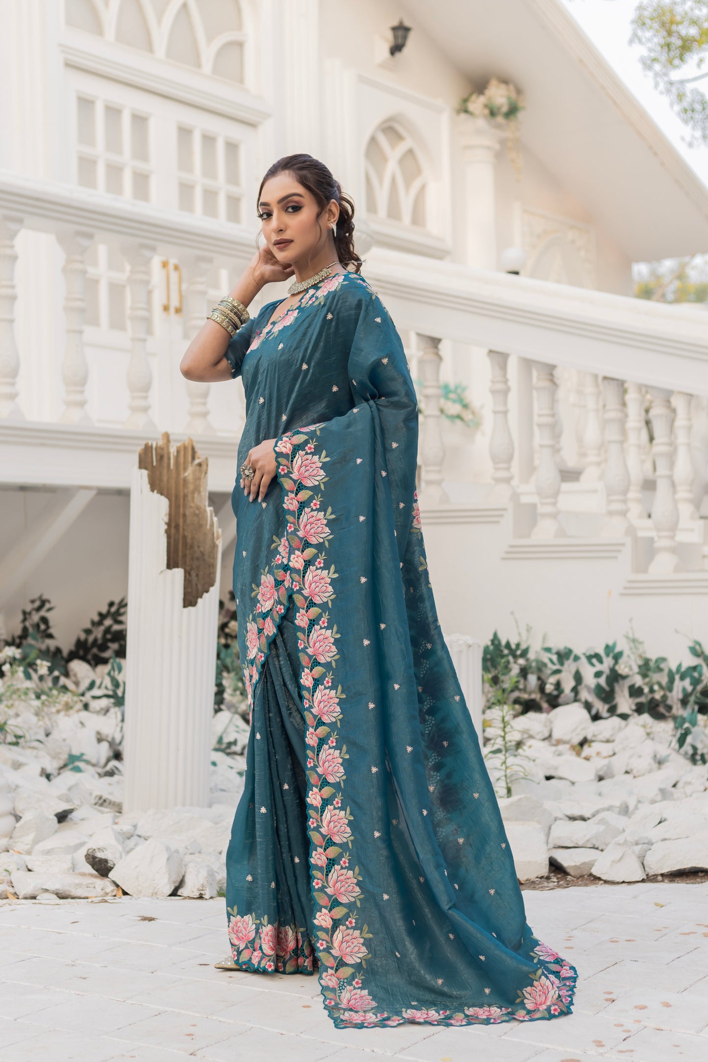 Crush Silk Aqua Blue Party Wear Embroidery Work Saree By WTW