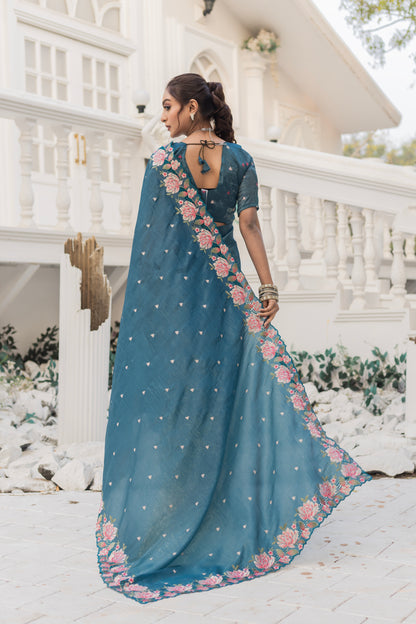 Crush Silk Aqua Blue Party Wear Embroidery Work Saree By WTW