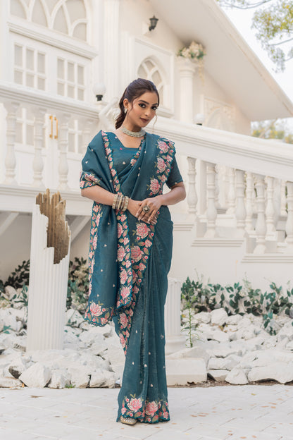 Crush Silk Aqua Blue Party Wear Embroidery Work Saree By WTW