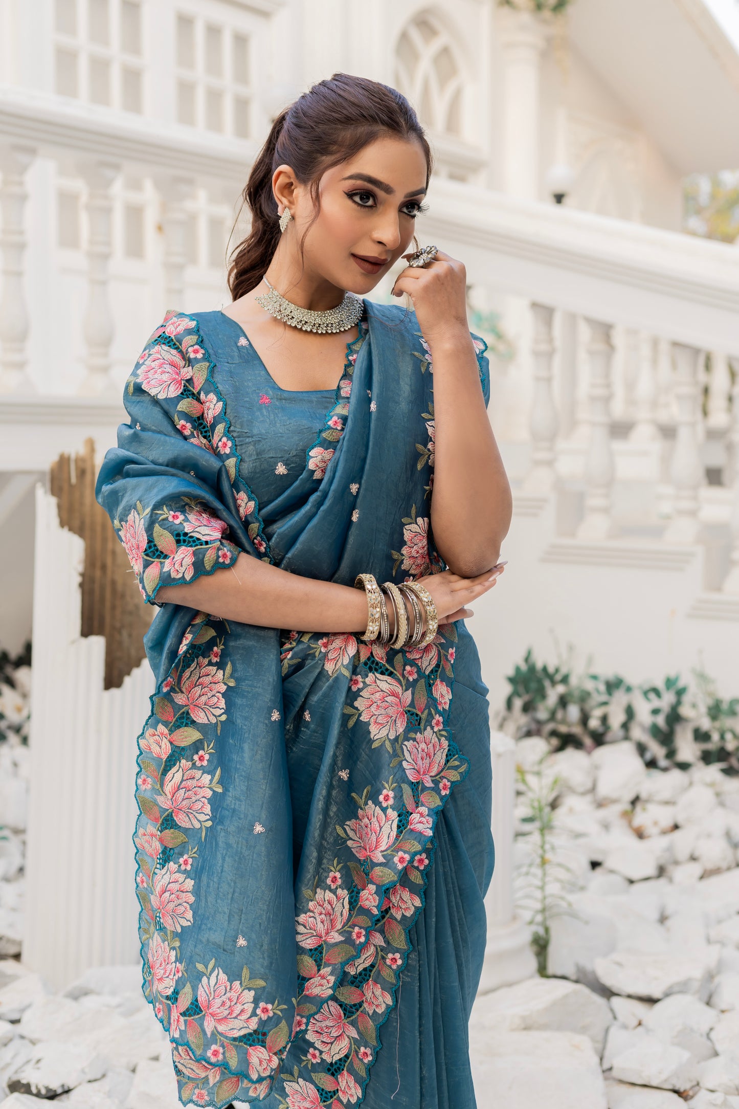 Crush Silk Aqua Blue Party Wear Embroidery Work Saree By WTW