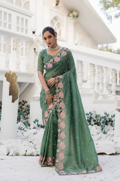 Tasarika Women Green Organza Saree By WTW