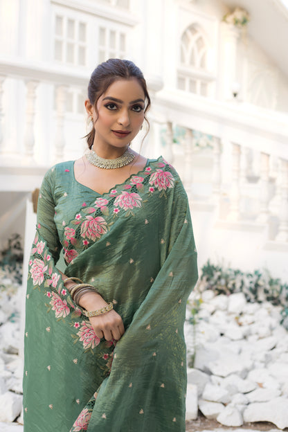 Tasarika Women Green Organza Saree By WTW