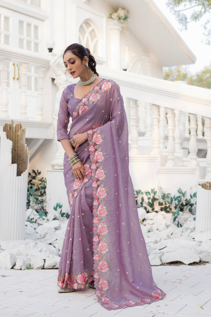Crush Silk Lavender Party Wear Embroidery Work Saree By WTW