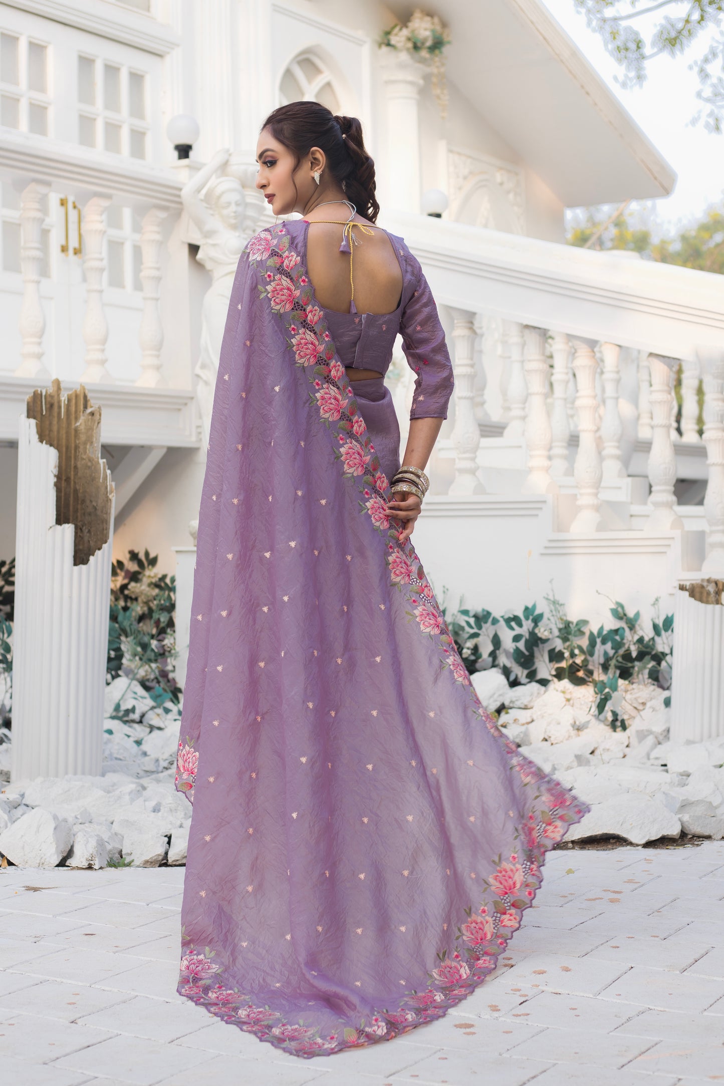Crush Silk Lavender Party Wear Embroidery Work Saree By WTW