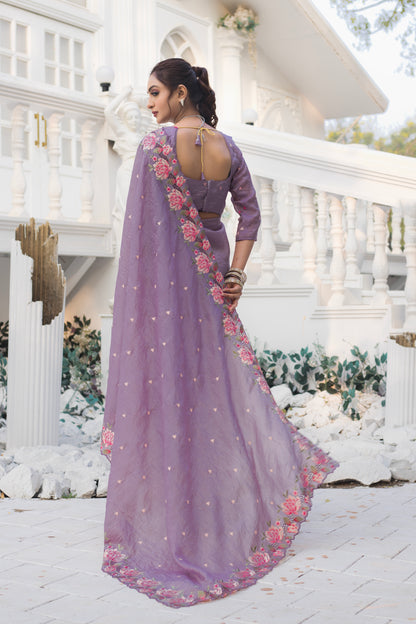 Crush Silk Lavender Party Wear Embroidery Work Saree By WTW
