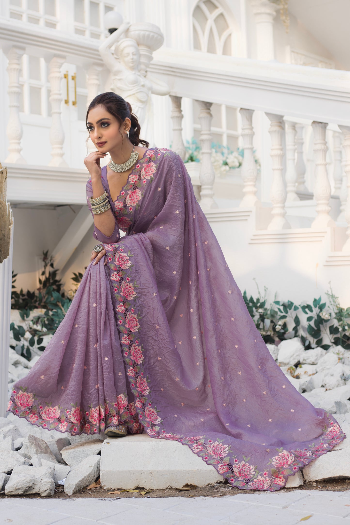 Crush Silk Lavender Party Wear Embroidery Work Saree By WTW