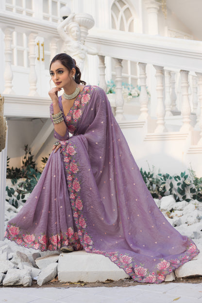 Crush Silk Lavender Party Wear Embroidery Work Saree By WTW