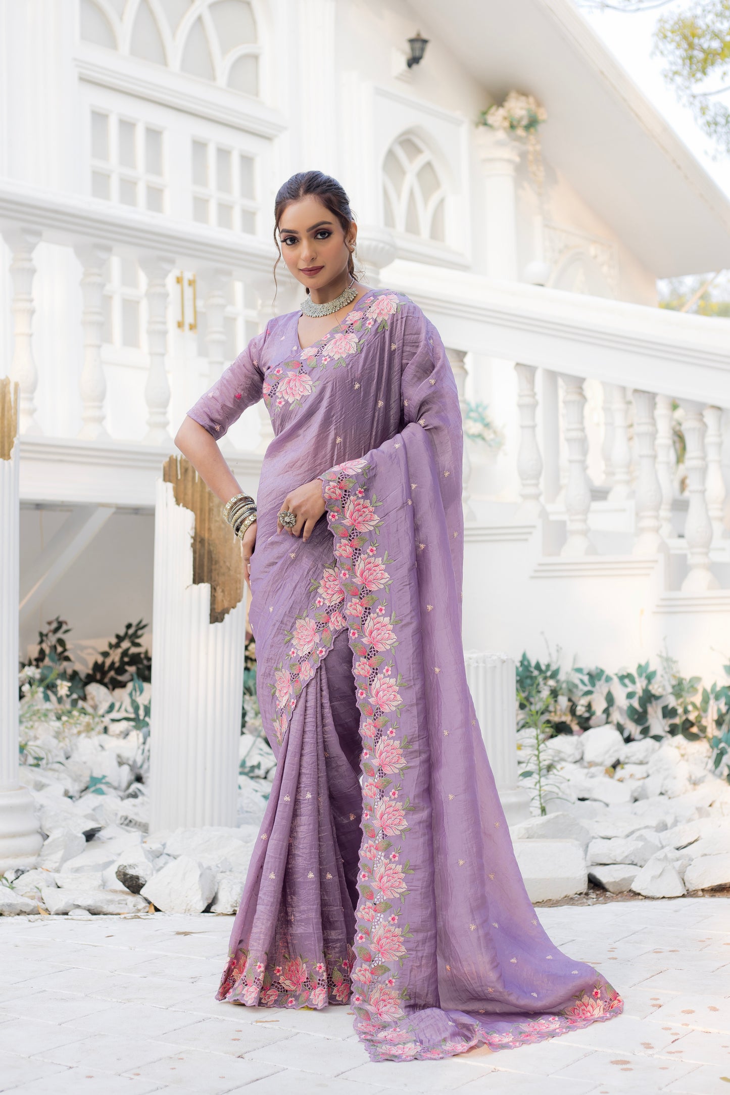 Crush Silk Lavender Party Wear Embroidery Work Saree By WTW