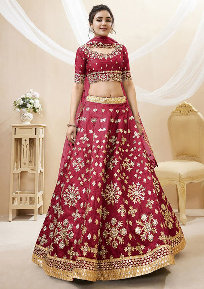 Red Sequin Foil Zari Embroidered Art Silk Lehenga Set By WTW