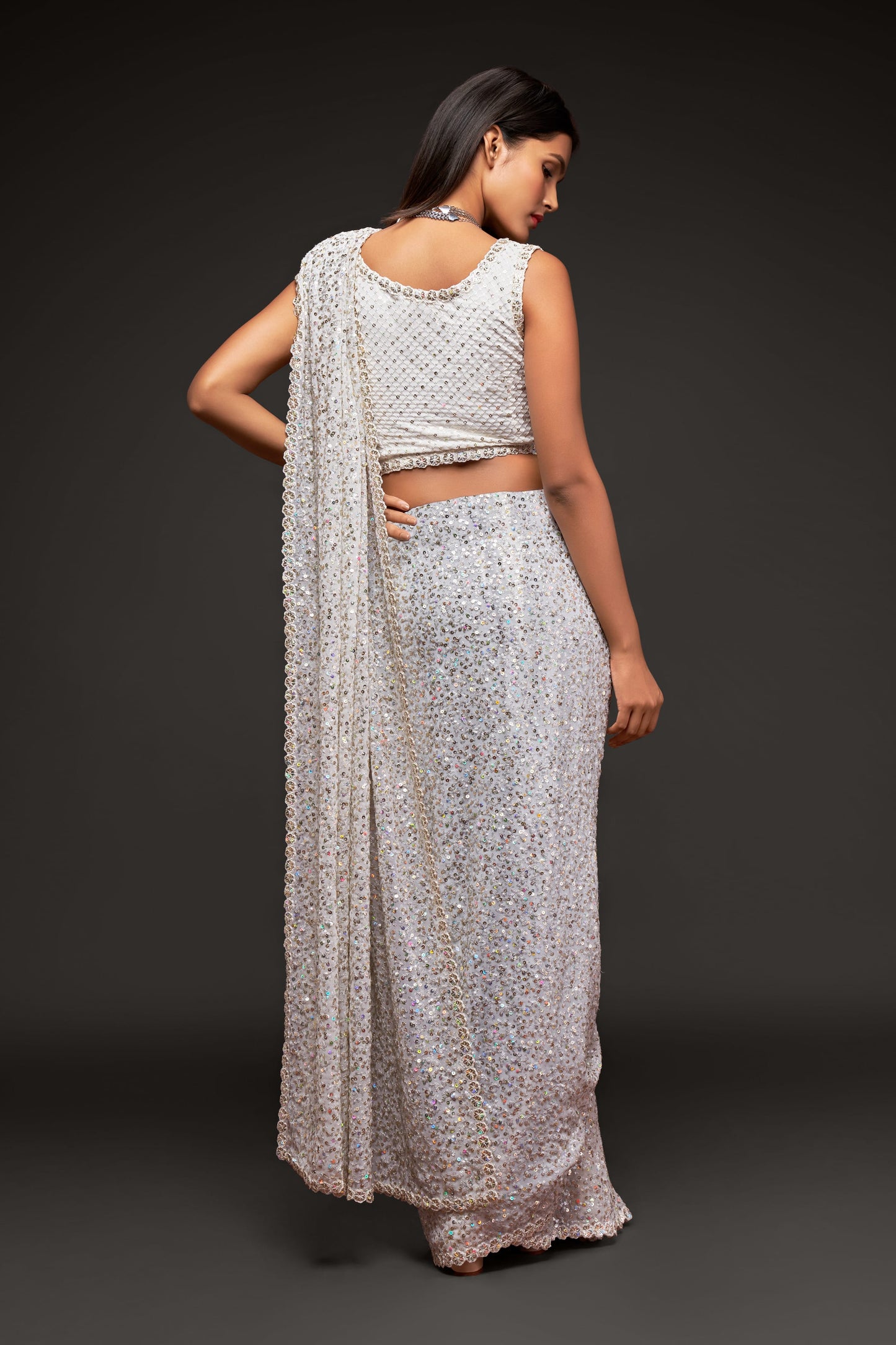 Beautiful Pearl White Sequined Georgette Party Wear Saree By WTW