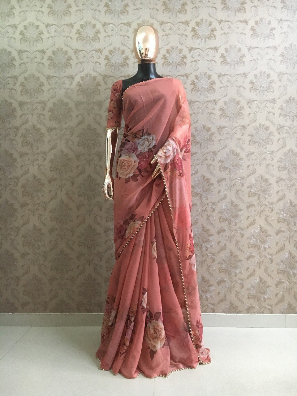 Peach Floral Printed Pearl Border Saree By WTW