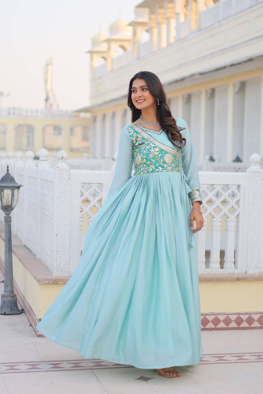 Attractive Blue Bandhej Print Chinon Function Wear Gown By WTW