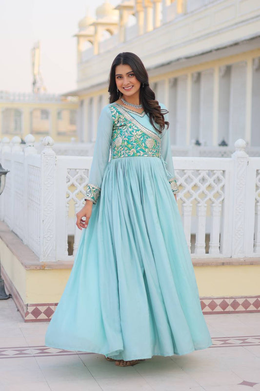 Attractive Blue Bandhej Print Chinon Function Wear Gown By WTW