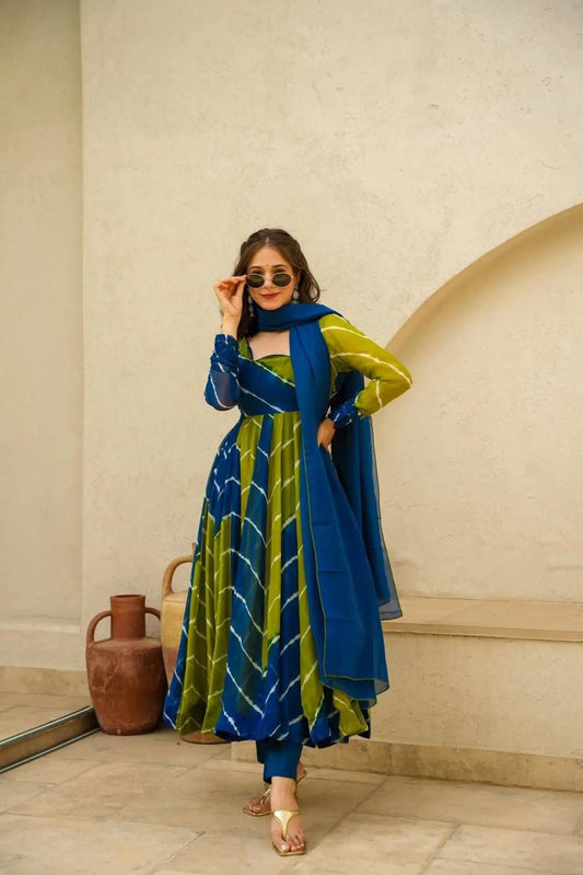 Beautiful Blue Organza Lehriya Printed Anarkali Suit With Dupatta By WTW