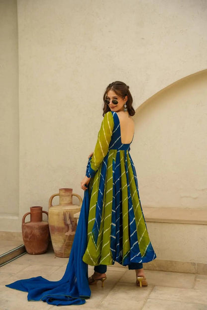 Beautiful Blue Organza Lehriya Printed Anarkali Suit With Dupatta By WTW