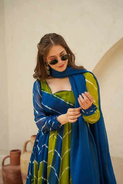 Beautiful Blue Organza Lehriya Printed Anarkali Suit With Dupatta By WTW