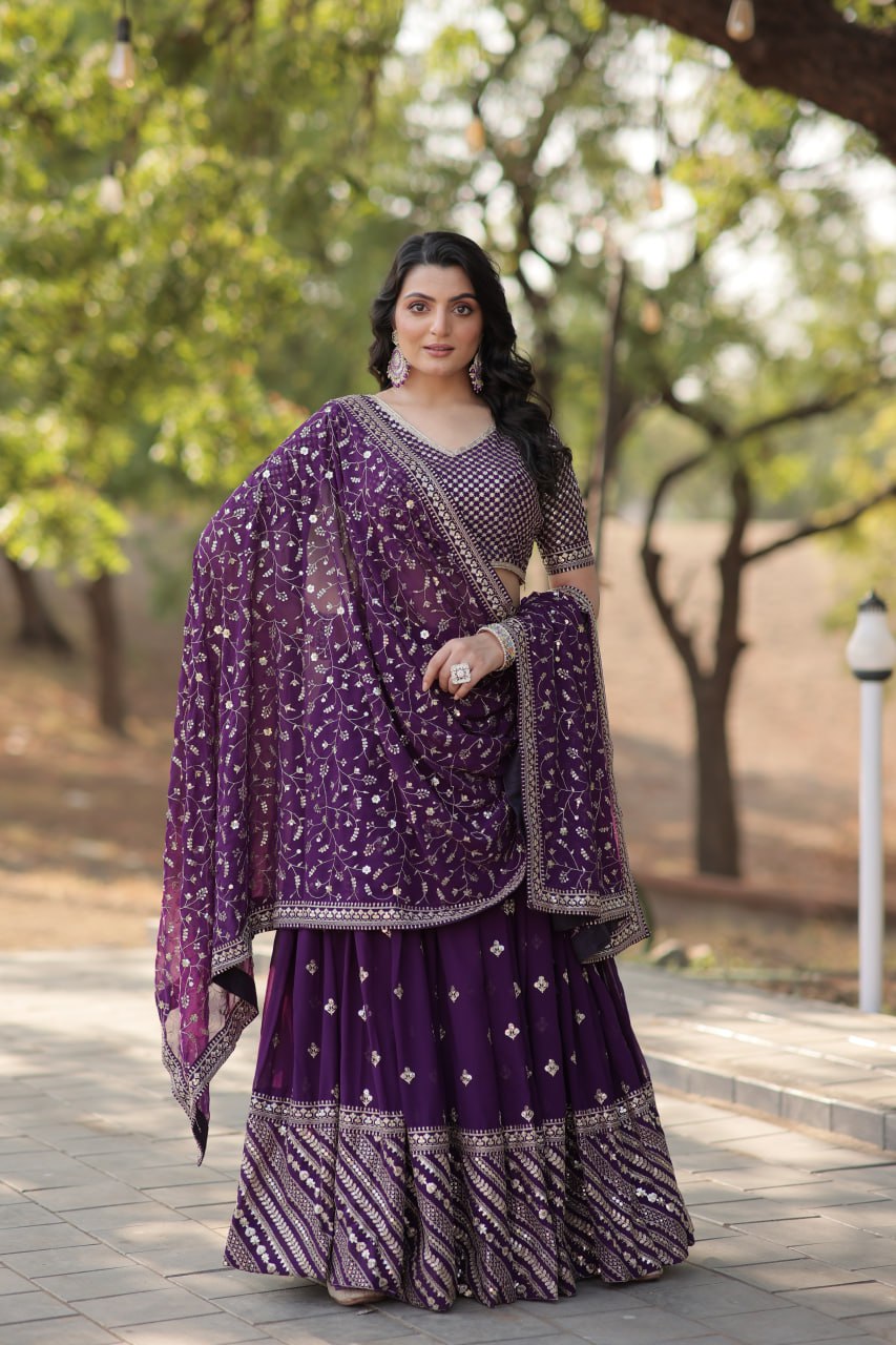 Embroidered Georgette Lehenga In Purple By WTW