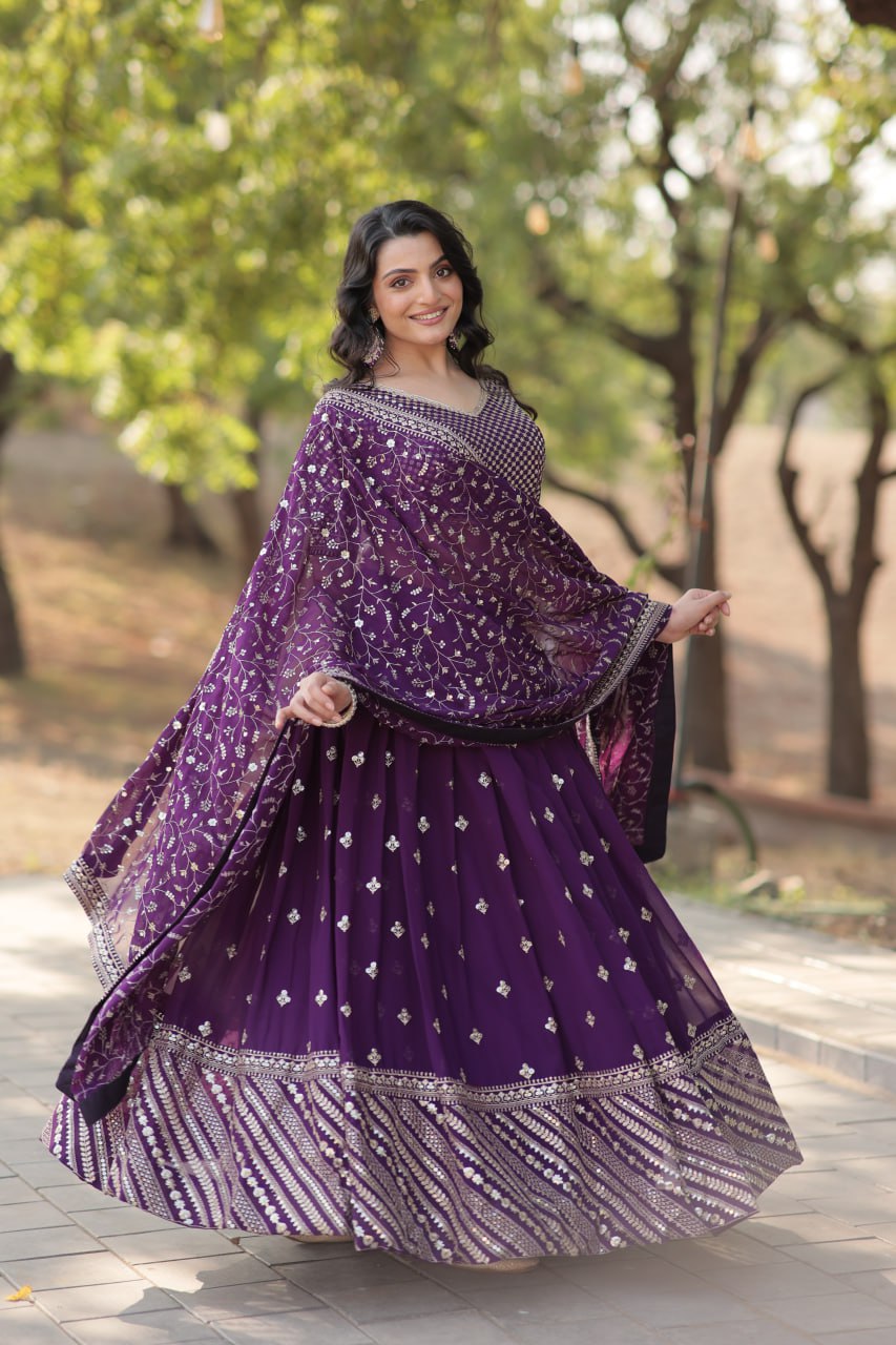 Embroidered Georgette Lehenga In Purple By WTW