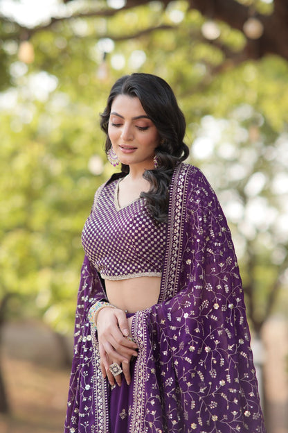 Embroidered Georgette Lehenga In Purple By WTW