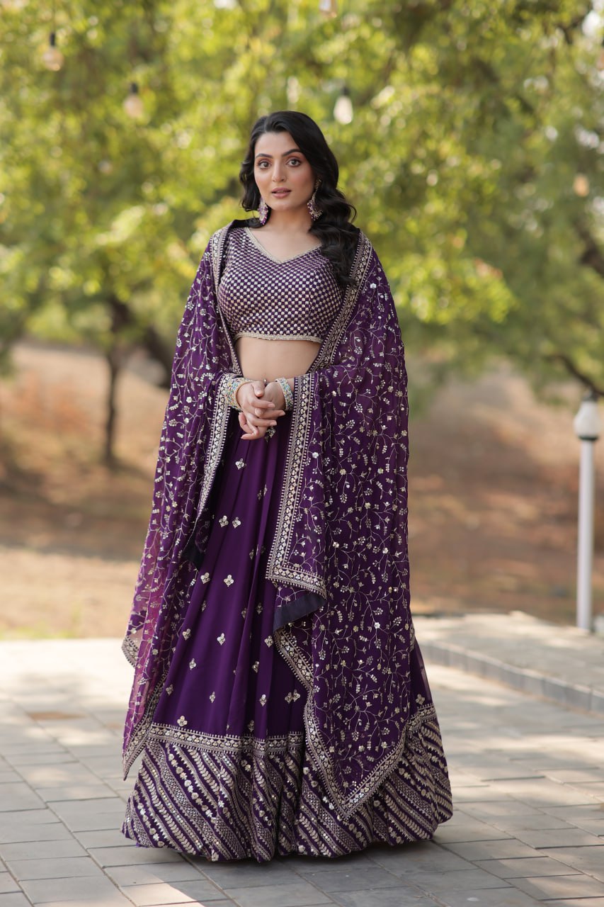 Embroidered Georgette Lehenga In Purple By WTW