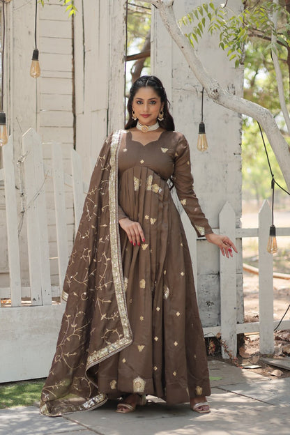 Embroidered Art Silk Abaya Style Suit in Beige By WTW