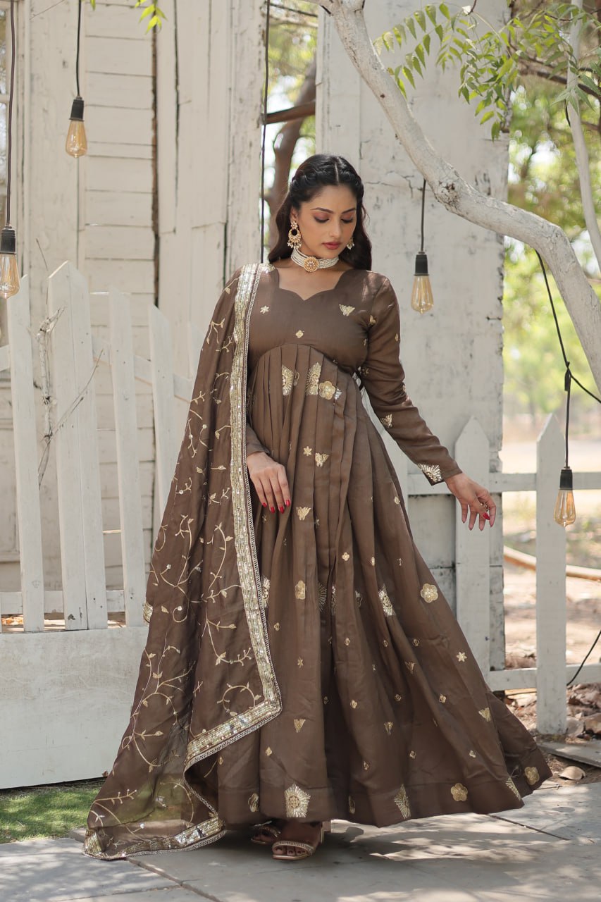 Embroidered Art Silk Abaya Style Suit in Beige By WTW