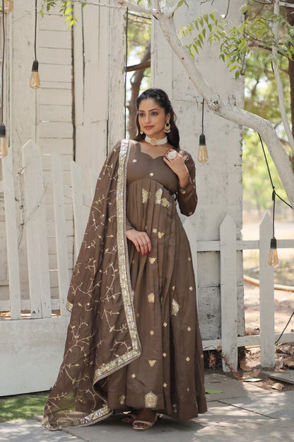 Embroidered Art Silk Abaya Style Suit in Beige By WTW