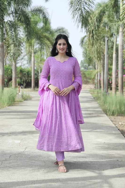 Readymade Kali Cut Embroidery Work Anarkali Suit Purple Color By WTW
