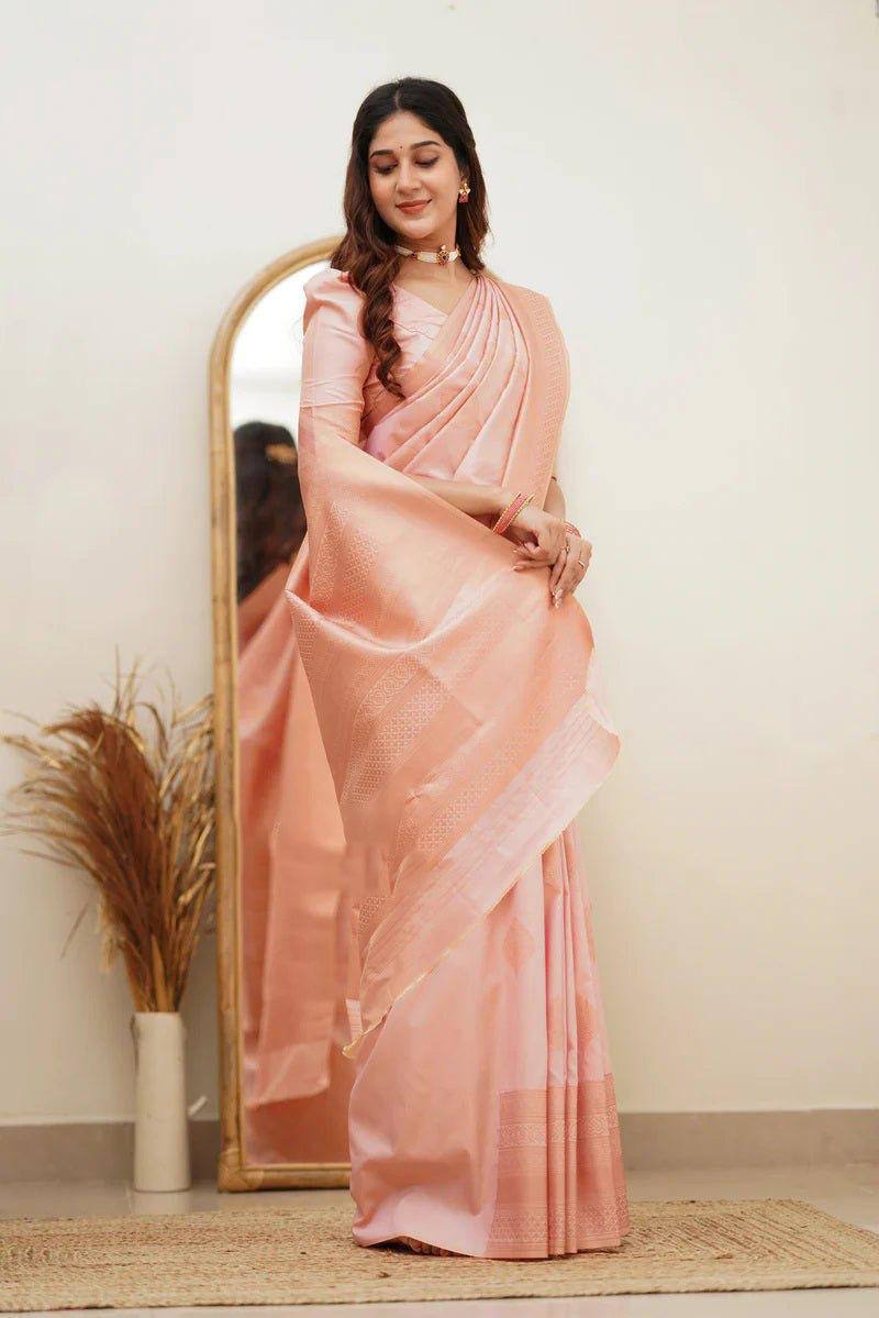 Angelic Baby Pink Soft Silk Saree With Assemblage Blouse Piece By WTW