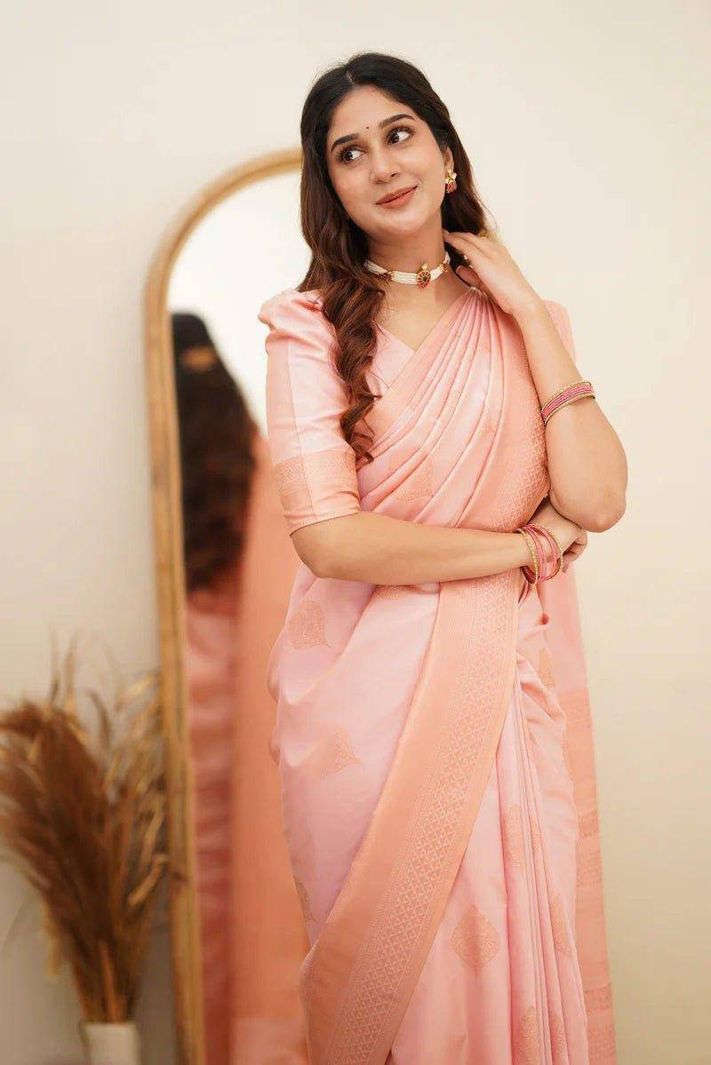 Angelic Baby Pink Soft Silk Saree With Assemblage Blouse Piece By WTW