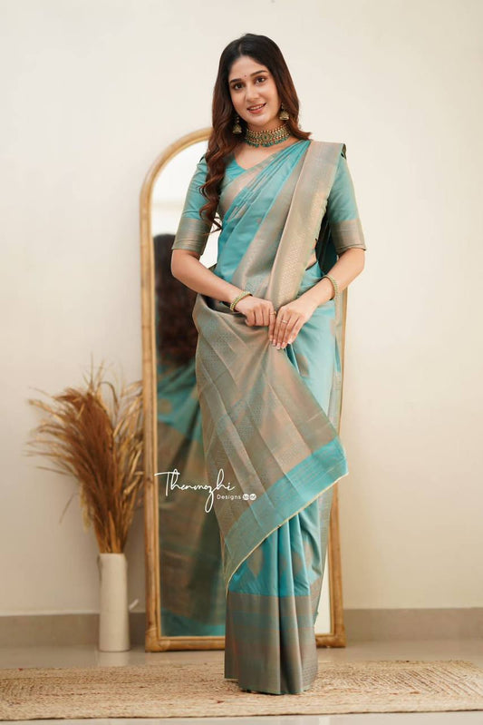 Scintilla Turquoise Soft Silk Saree With Vestigial Blouse Piece By WTW