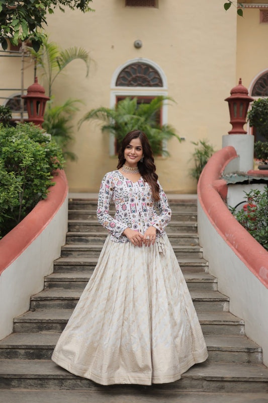 Stunning Off-white Sequins Jacquard Event Wear Lehenga With Long Top By WTW