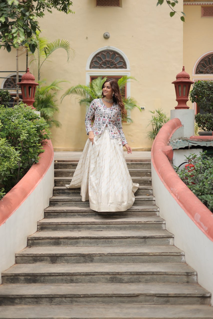 Stunning Off-white Sequins Jacquard Event Wear Lehenga With Long Top By WTW