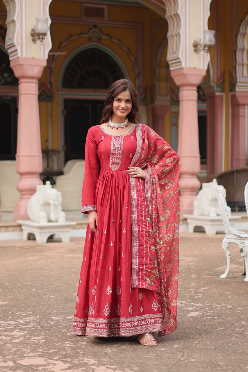 Maroon Zari Embroidered Art Silk Gown With Dupatta By WTW