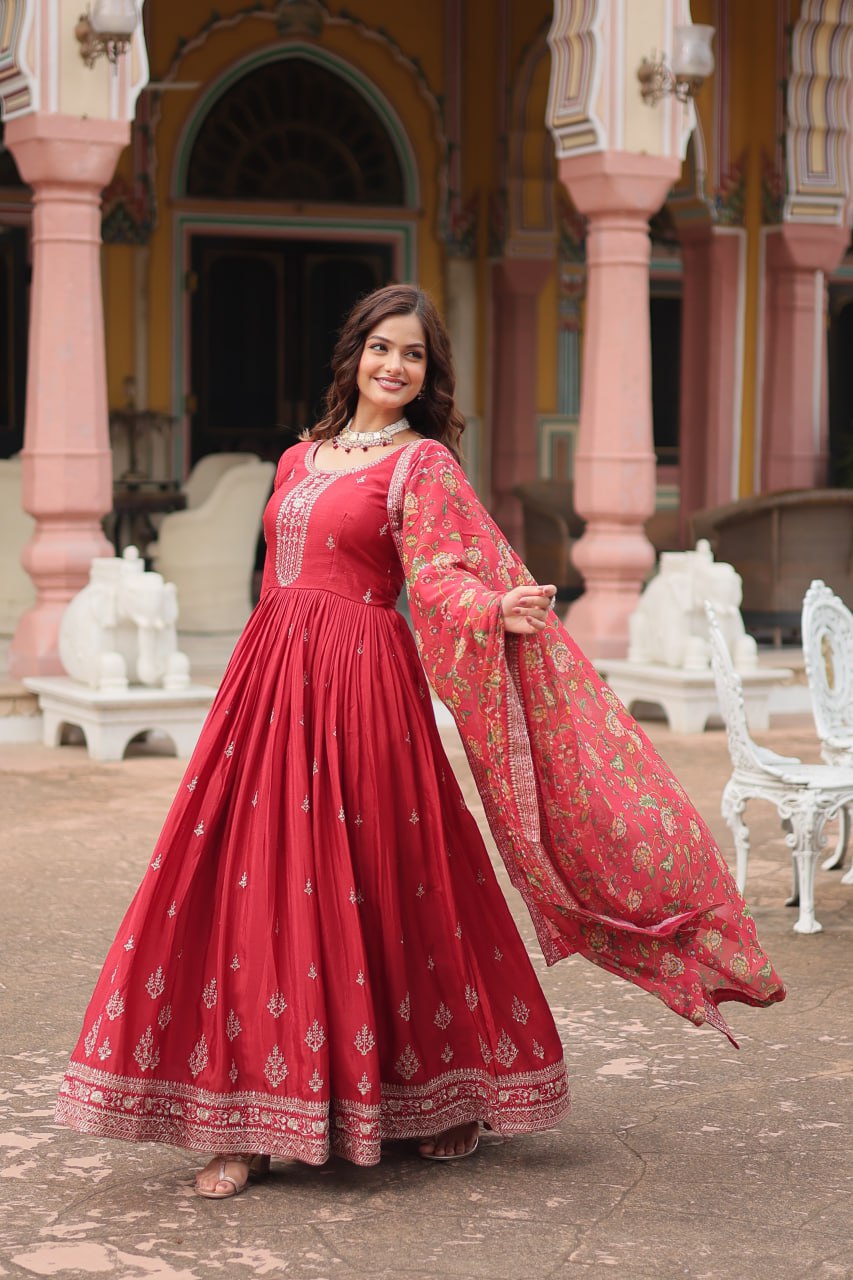 Maroon Zari Embroidered Art Silk Gown With Dupatta By WTW