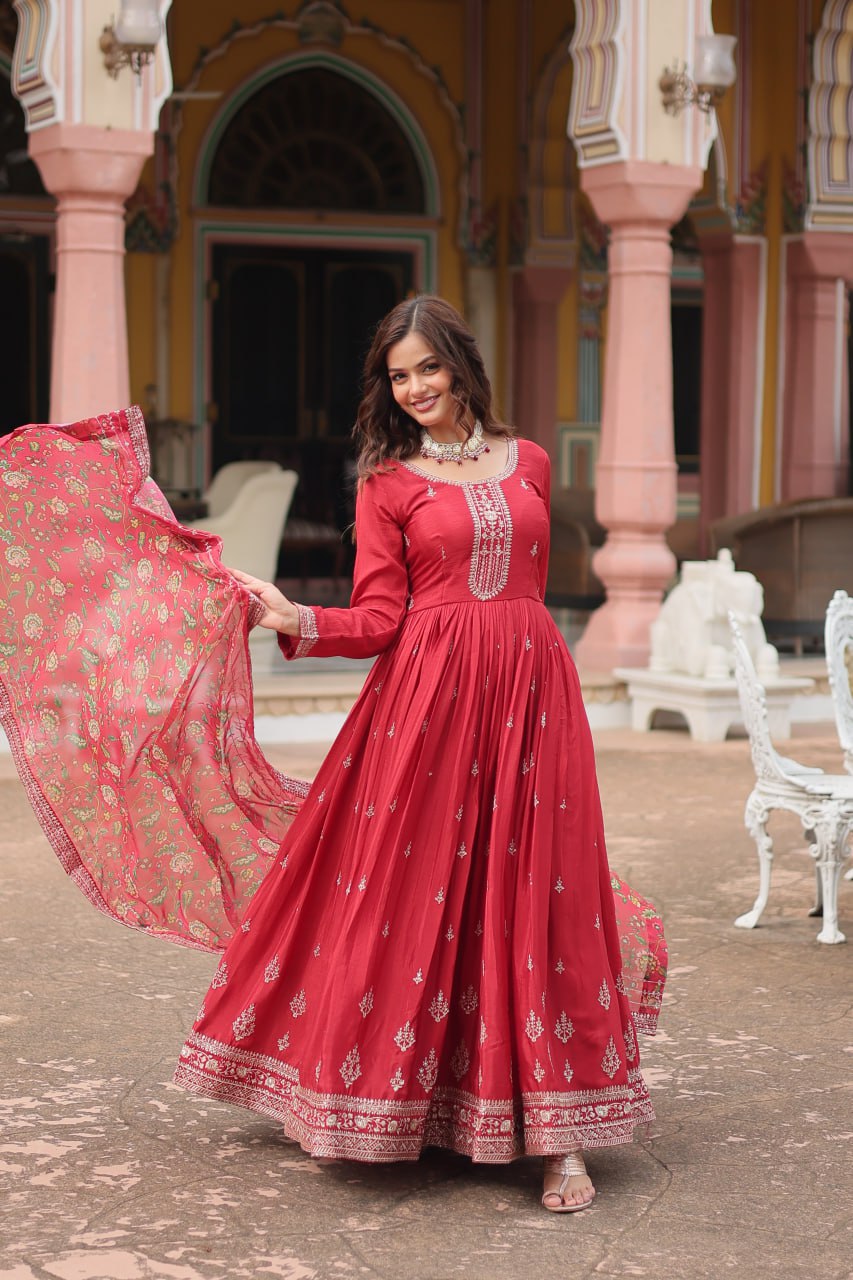 Maroon Zari Embroidered Art Silk Gown With Dupatta By WTW