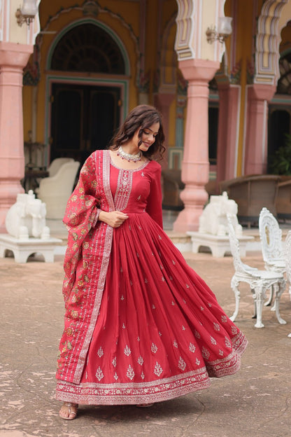 Maroon Zari Embroidered Art Silk Gown With Dupatta By WTW