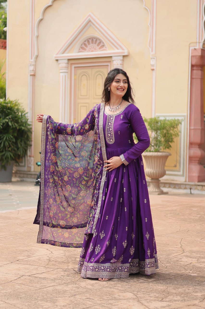 Purple Zari Embroidered Art Silk Gown With Dupatta By WTW