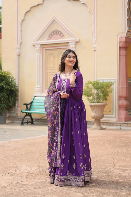 Purple Zari Embroidered Art Silk Gown With Dupatta By WTW