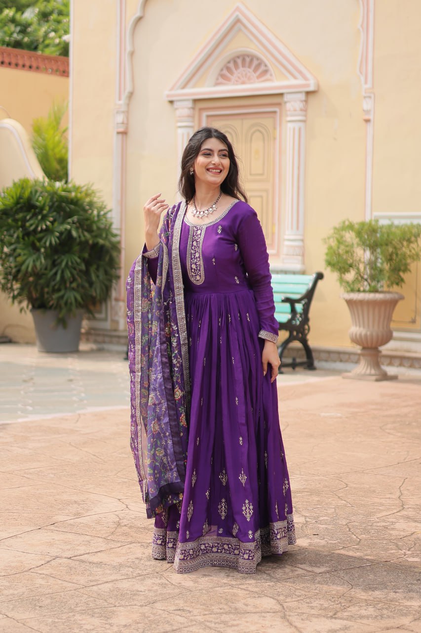 Purple Zari Embroidered Art Silk Gown With Dupatta By WTW