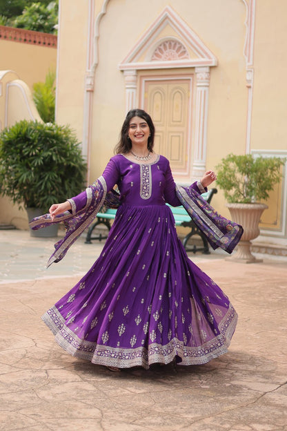 Purple Zari Embroidered Art Silk Gown With Dupatta By WTW