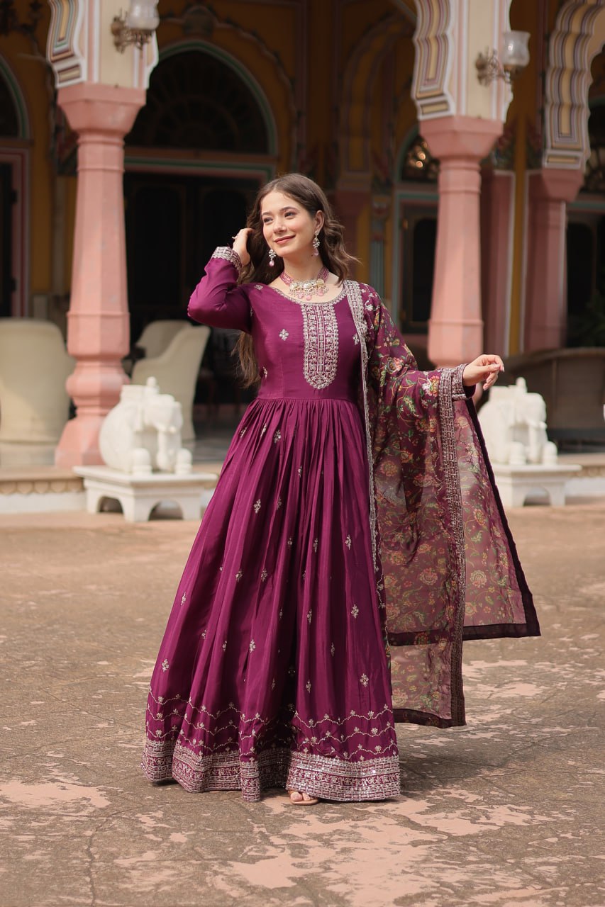 Royal Wine Anarkali Suit With Kalamkari Dupatta By WTW