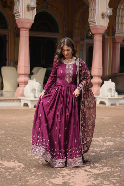 Royal Wine Anarkali Suit With Kalamkari Dupatta By WTW