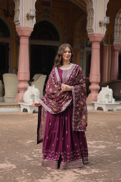 Royal Wine Anarkali Suit With Kalamkari Dupatta By WTW