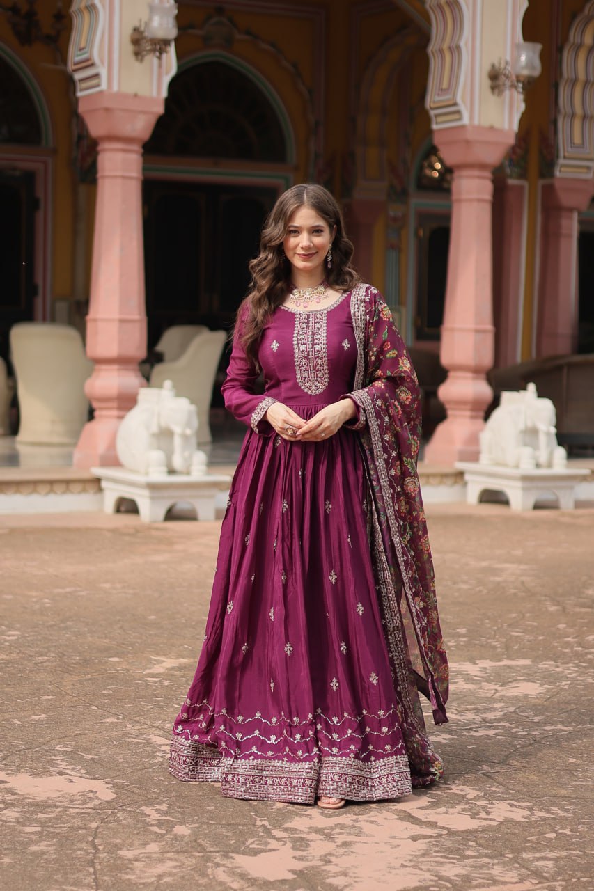 Royal Wine Anarkali Suit With Kalamkari Dupatta By WTW