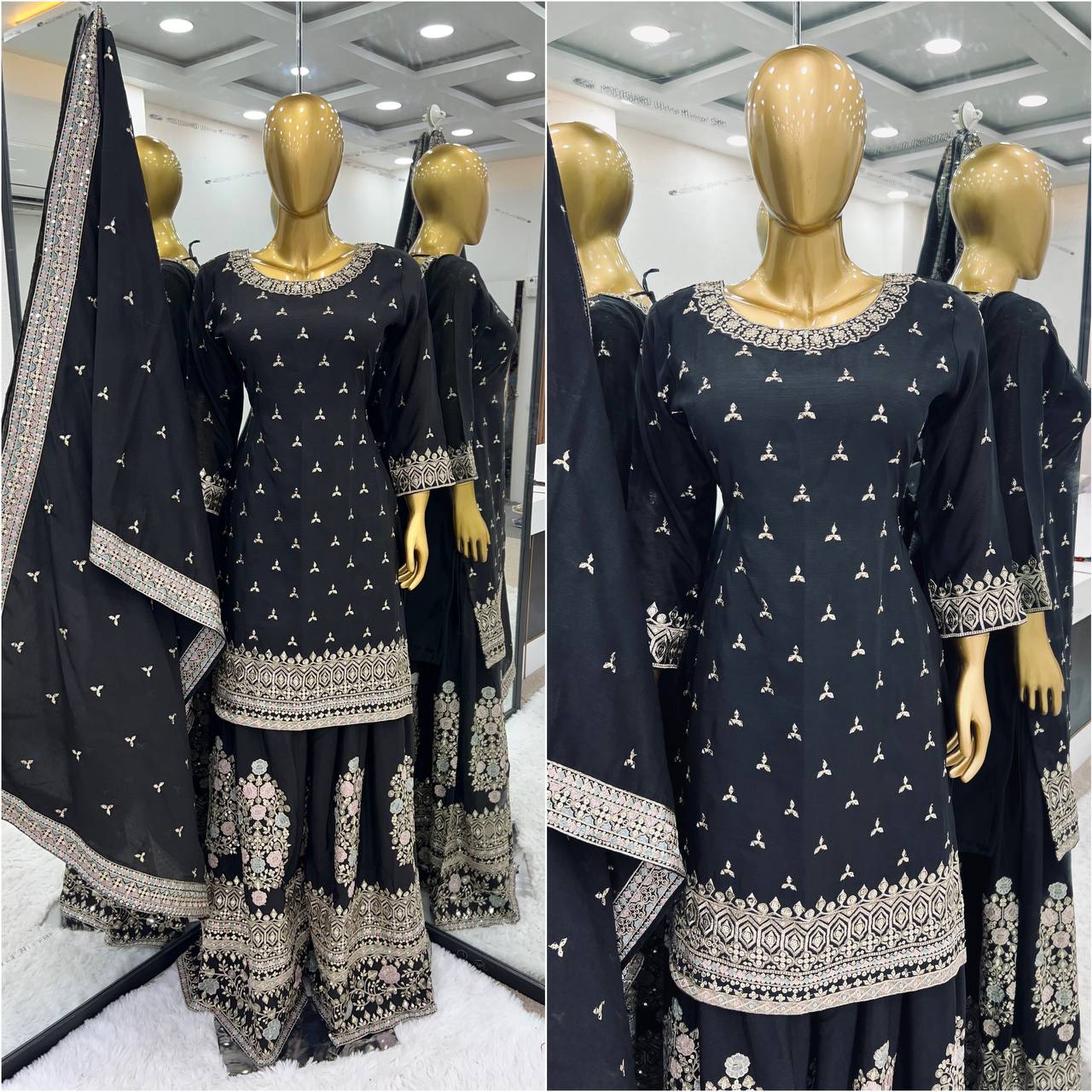 Black Chinon Silk Multi Thread Work Sharara Suit By WTW